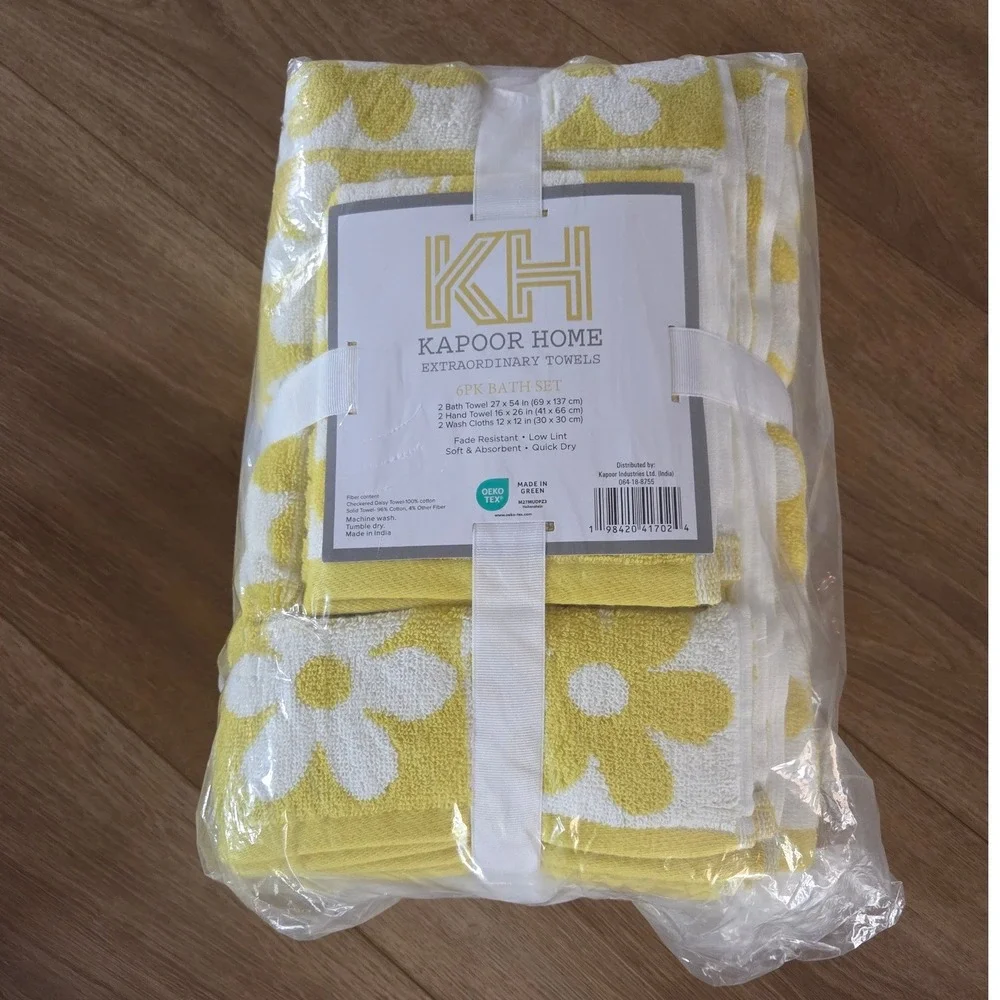 Kapoor Home 6-Piece Bath Towel Set‎ Yellow White Checkered Daisy Floral Waffle